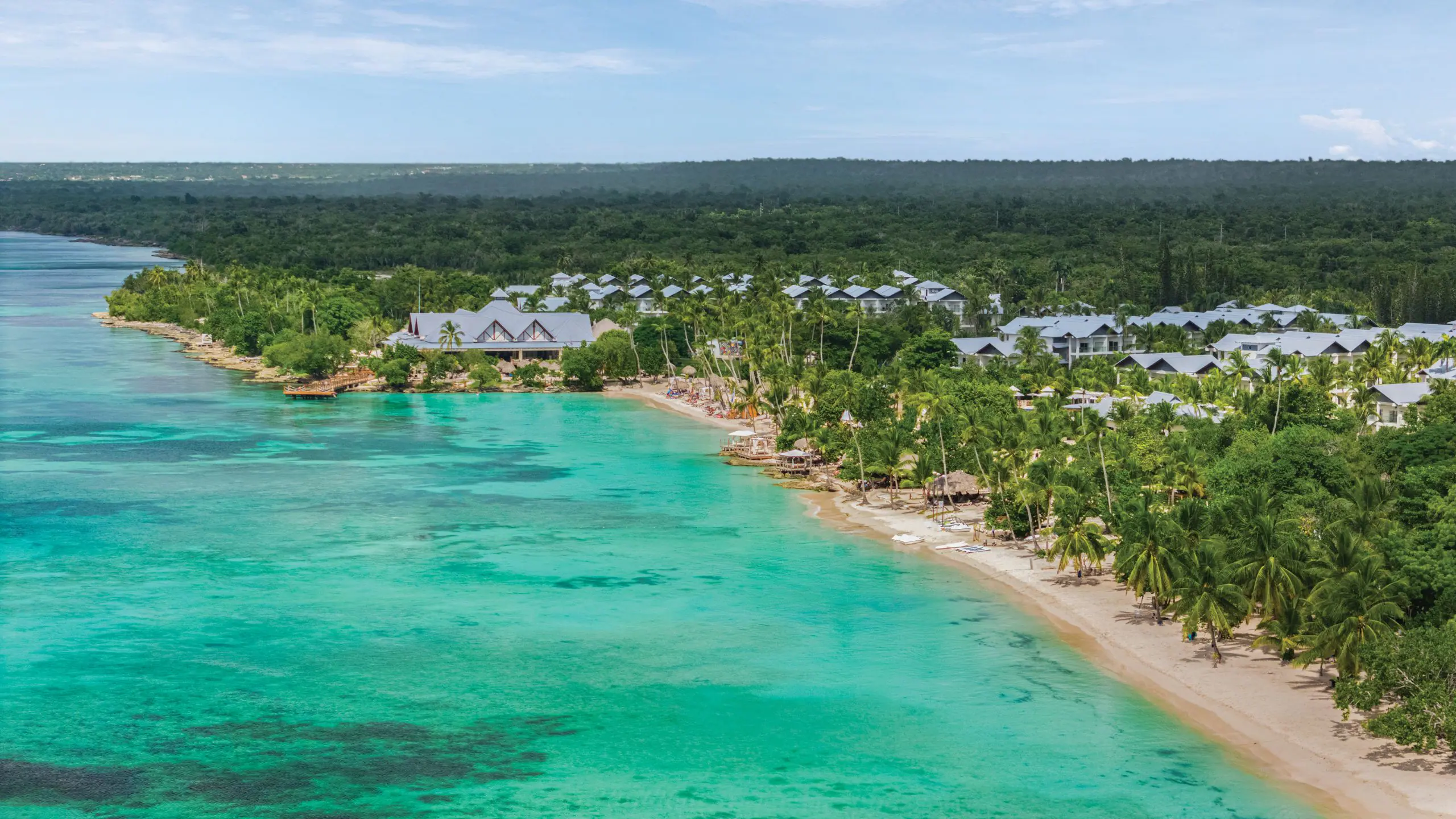 Aerial view of the turquoise Caribbean coastline and tropical beachfront at Dreams La Romana Resort & Spa in Bayahibe, Dominican Republic.