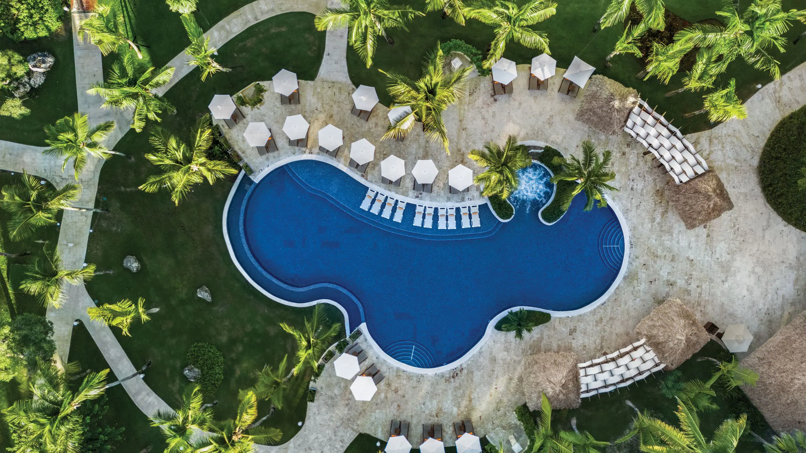 Aerial view of the lagoon-style family pool surrounded by palm trees at Dreams La Romana Resort & Spa in the Dominican Republic.