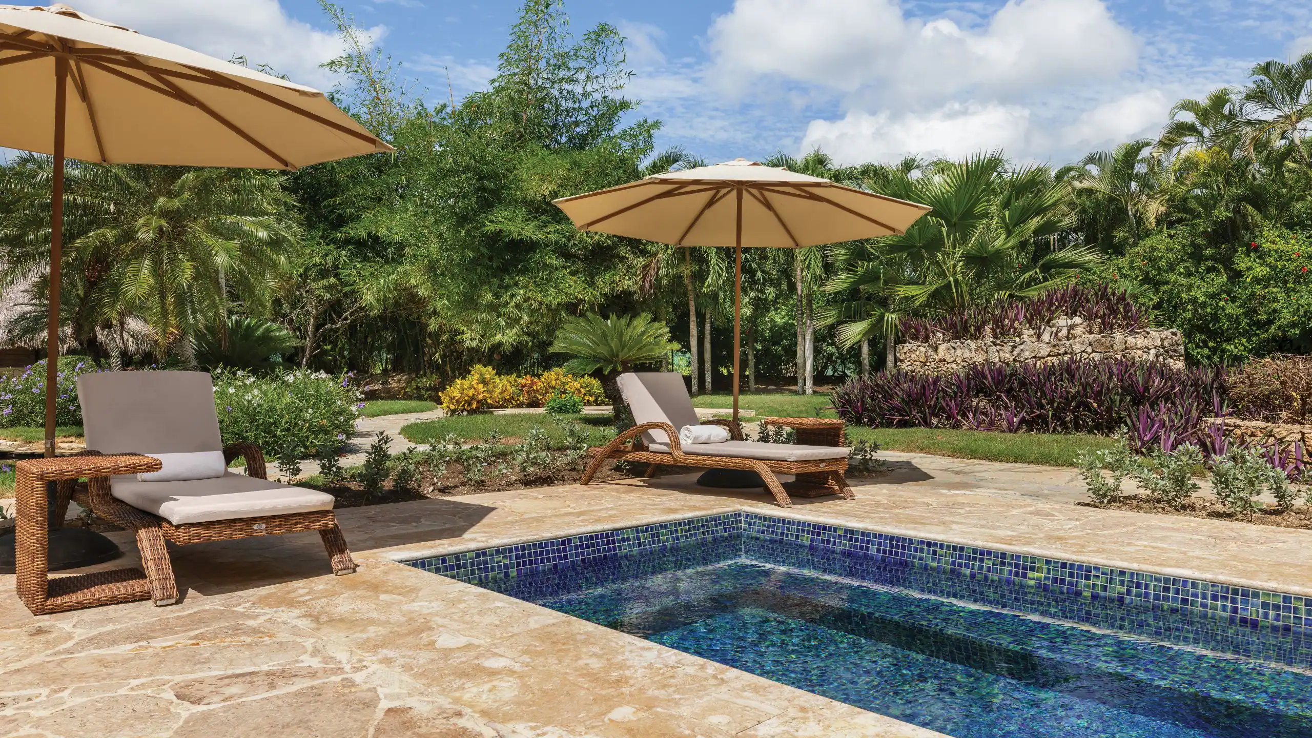Private hydrotherapy spa pool surrounded by tropical gardens at Dreams La Romana Resort & Spa in the Dominican Republic.